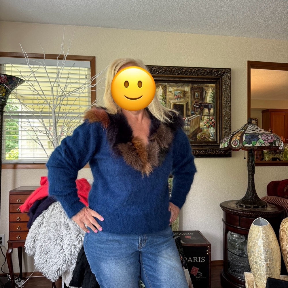 Venesha Vintage Blue Angora Sweater with Faux Fur Trim